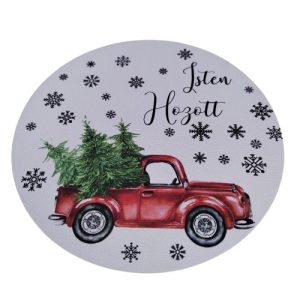 Isten hozott feliratú furgonos festett fatábla 13 cm, karácsonyi fatábla, isten hozott karácsonyi fatábla