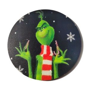 Sálas grincs nyalókával fekete hátterű festett fatábla – 13 cm, 1 db, grincses dekoráció