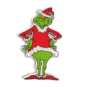 Sunyin mosolygó mikulás ruhás grincs festett fatábla – 10 cm, 1 db, karácsonyi dekorációs elem