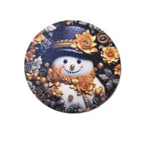 Fekete-arany hóemberes festett fatábla – 1 db, 5 cm, karácsonyi dekorelem, fekete karácsonyi dekor, fekete-arany karácsonyi elem