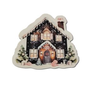 Fekete mézeskalács házikó formára vágott festett fatábla – 7 x 6 cm, 1 db, mézeskalácsos fatábla, karácsonyi dekorelem, karácsonyi dísz, fekete karácsonyi dísz