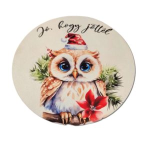 Jó, hogy jöttél feliratú mikulás sapis bagoly karácsonyi festett fatábla – 13 cm, kopogtató, ajtódísz, karácsonyi dekor