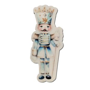 Kék-fehér diótörős formára vágott festett fatábla – 10,5 x 4 cm, 1 db, karácsonyi dekor