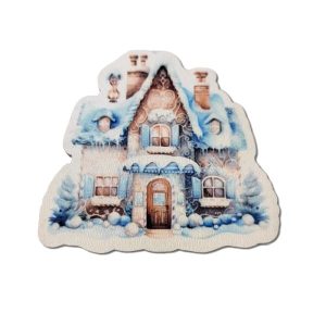 Kék mézeskalács házikó formára vágott festett fatábla – 6,5 x 7 cm, 1 db, karácsonyi fatábla, karácsonyi kiegészítő, karácsonyi dísz