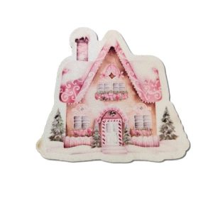 Rózsaszín mézeskalács házikó formára vágott festett fatábla – 6,5 x 6 cm, 1 db, karácsonyi kiegésíztő, mézeskalácsos dekorelem