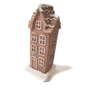 Világítós mézeskalács emeletes ház kéménnyel – 1 db, dekorelem, karácsonyi város, karácsonyi falu, ledes ház, világítós karácsonyi ház