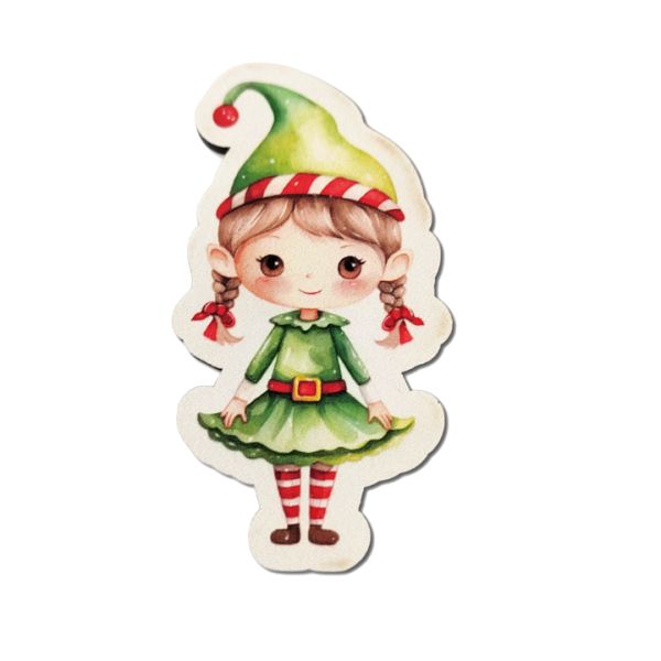 zold-ruhas-manolany-formara-vagott-festett-fatabla Zöld ruhás manólány formára vágott festett fatábla – 9 x 5 cm, 1 db, karácsonyi manó, elf, Mikulás manója, manós dekorelem