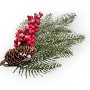 Tobozos piros bogyós műfenyő ág – 1 db, téli díszítő, karácsonyi díszítő