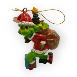 Grincs ajándékos zsákkal akasztós kerámia figura – 1 db, kb. 9 cm