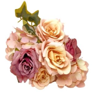 Vintage rózsa csokor borostyánnal – selyemvirág pasztellmályva-mályva, művirág, virágkötészeti alapanyag, virágkötészeti kellék, asztaldísz alapanyag