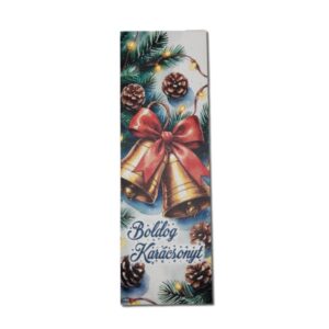 Boldog karásonyt feliratú piros masnis csengettyűs festett fatábla – 20 x 6,5 cm, 1 db